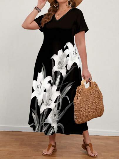 EMERY ROSE Robe longue décontractée moulante à imprimé floral pour femme grande taille