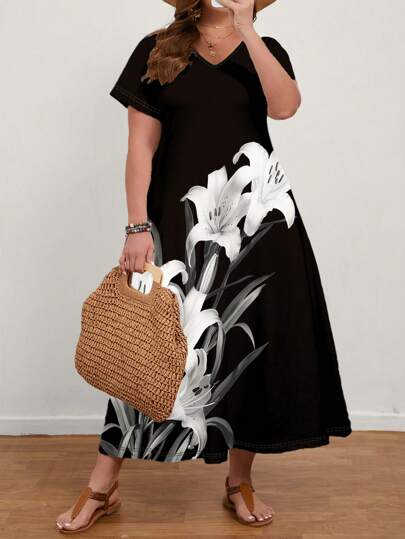 EMERY ROSE Robe longue décontractée moulante à imprimé floral pour femme grande taille