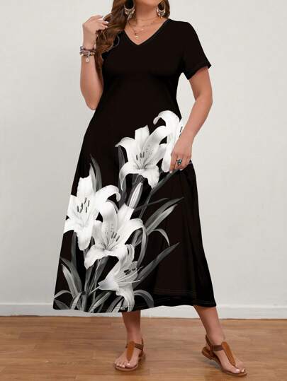 EMERY ROSE Robe longue décontractée moulante à imprimé floral pour femme grande taille
