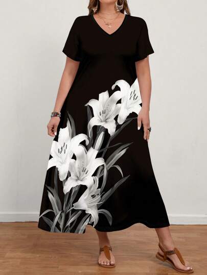EMERY ROSE Robe longue décontractée moulante à imprimé floral pour femme grande taille