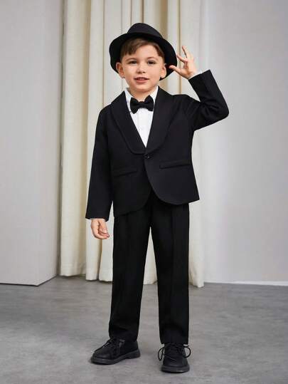 2 pièces Tenue de gentilhomme jeune garçon - Veste à revers noire et pantalon, à la mode pour fête d'anniversaire, mariage, anniversaire