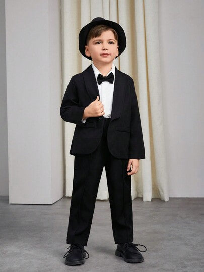 2 pièces Tenue de gentilhomme jeune garçon - Veste à revers noire et pantalon, à la mode pour fête d'anniversaire, mariage, anniversaire