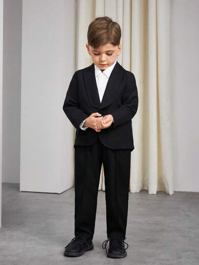 2 pièces Tenue de gentilhomme jeune garçon - Veste à revers noire et pantalon, à la mode pour fête d'anniversaire, mariage, anniversaire