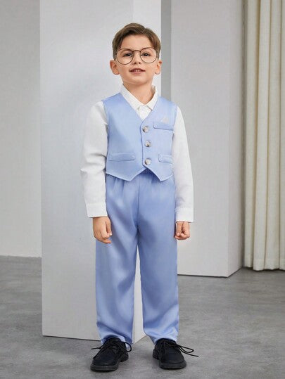 Ensemble de 2 pièces Costume pour garçons, gilet en satin bleu à manches longues et pantalon pour fête d'anniversaire, mariage, baptême, anniversaire