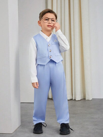 Ensemble de 2 pièces Costume pour garçons, gilet en satin bleu à manches longues et pantalon pour fête d'anniversaire, mariage, baptême, anniversaire