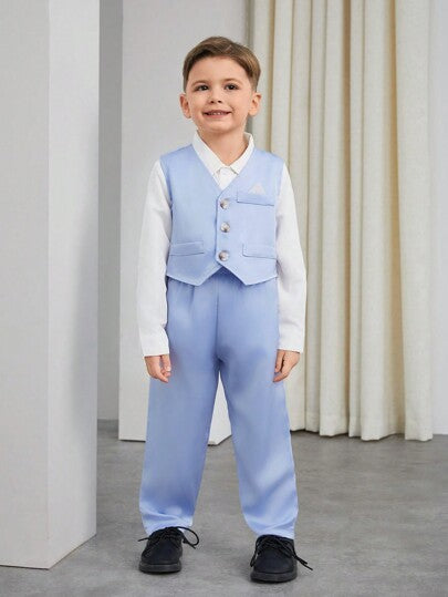 Ensemble de 2 pièces Costume pour garçons, gilet en satin bleu à manches longues et pantalon pour fête d'anniversaire, mariage, baptême, anniversaire
