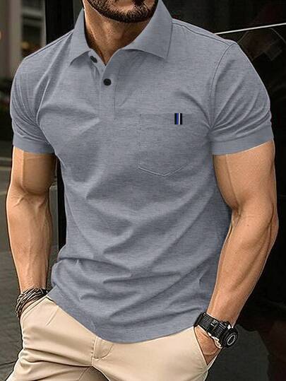 Manfinity Homme Chemise polo à manches courtes avec poches et patchs de couleur unie pour hommes, pour le golf, formel