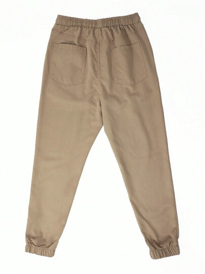 Manfinity Homme Pantalon carotte ample à taille élastique pour hommes, coupe ample, pantalon long uni kaki pour sortie, pour l'automne