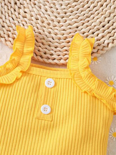 Vintaside Kids Ensemble de 3 pièces pour bébé fille, combinaison d'été décontractée avec boutons et garniture à volants, jupe à imprimé citron et bandeau