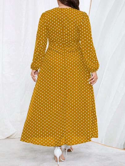 Clasi Robe décontractée à manches lanterne de grande taille imprimée à pois avec ceinture pour les vacances ou les loisirs