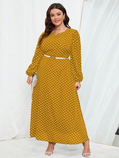 Clasi Robe décontractée à manches lanterne de grande taille imprimée à pois avec ceinture pour les vacances ou les loisirs
