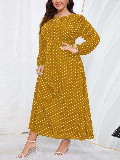 Clasi Robe décontractée à manches lanterne de grande taille imprimée à pois avec ceinture pour les vacances ou les loisirs