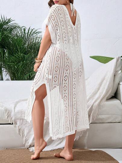 Swim Lushoire Robe longue de plage décontractée grande taille unie, manches chauve-souris et cache-maillot pour l'été