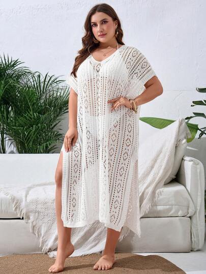 Swim Lushoire Robe longue de plage décontractée grande taille unie, manches chauve-souris et cache-maillot pour l'été