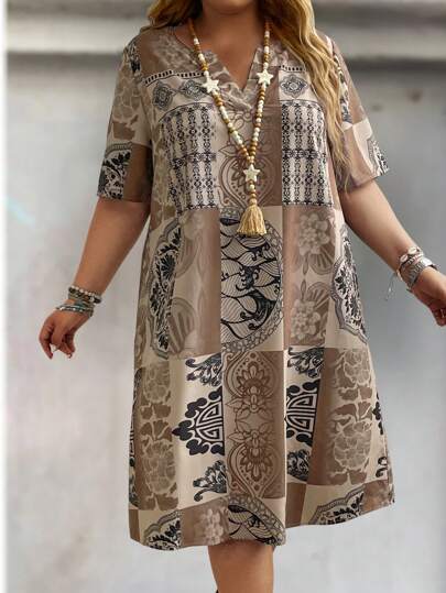 EMERY ROSE Robe pour femmes de grande taille à imprimé floral avec manches courtes, encolure en V à encoche droite et poches droites pour l'été