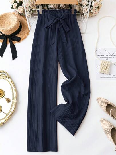 LUNE Pantalon long décontracté avec ceinture de couleur unie pour femmes, pour un port quotidien, décontracté