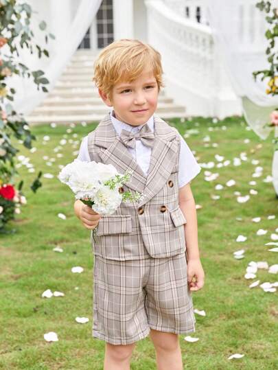 3 pièces Costume de garçon jeune gentilhomme avec gilet à carreaux + shorts/pantalons + nœud papillon, tenue de cérémonie élégante pour anniversaire, mariage, cérémonie