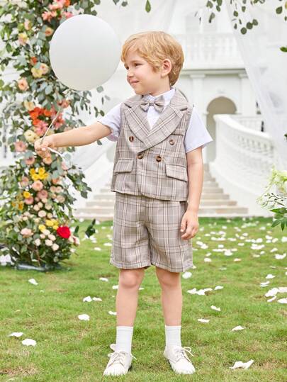3 pièces Costume de garçon jeune gentilhomme avec gilet à carreaux + shorts/pantalons + nœud papillon, tenue de cérémonie élégante pour anniversaire, mariage, cérémonie