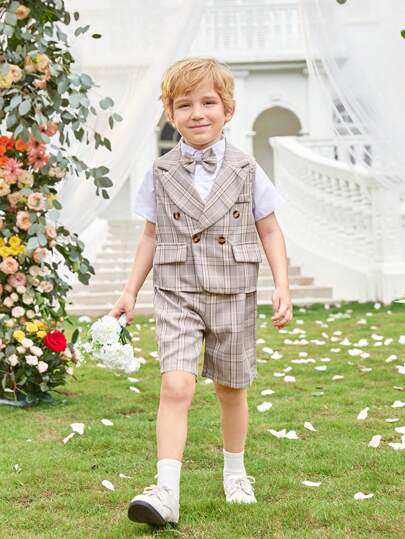 3 pièces Costume de garçon jeune gentilhomme avec gilet à carreaux + shorts/pantalons + nœud papillon, tenue de cérémonie élégante pour anniversaire, mariage, cérémonie