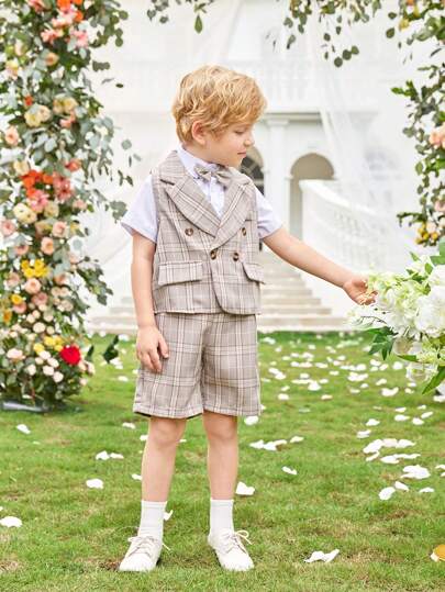 3 pièces Costume de garçon jeune gentilhomme avec gilet à carreaux + shorts/pantalons + nœud papillon, tenue de cérémonie élégante pour anniversaire, mariage, cérémonie