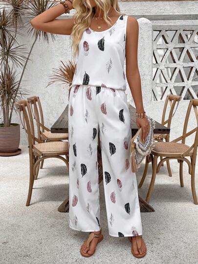Breezaya Ensemble de Top sans manches imprimé de plumes et pantalon long avec encolure dégagée large, tenue décontractée d'été