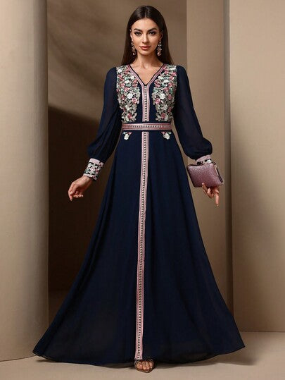 Robe Abaya Kaftan pour femmes avec broderie florale et patchwork, manches longues, style modeste, robe arabe pour le printemps, les vacances et l'automne
