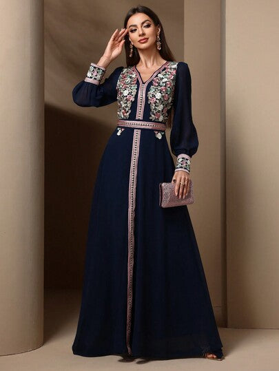 Robe Abaya Kaftan pour femmes avec broderie florale et patchwork, manches longues, style modeste, robe arabe pour le printemps, les vacances et l'automne