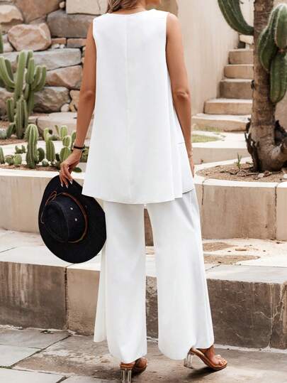LUNE Ensemble de 2 pièces pour femmes, haut de réservoir à col rond asymétrique avec ourlet, couleur unie d'été et large pantalon décontracté à jambes larges