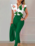 Clasi 2 pièces Ensemble blouse à manches courtes imprimée florale et pantalon couleur unie décontracté pour femmes, été