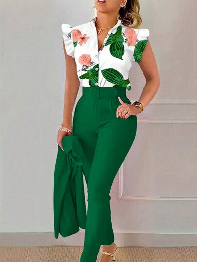 Clasi 2 pièces Ensemble blouse à manches courtes imprimée florale et pantalon couleur unie décontracté pour femmes, été