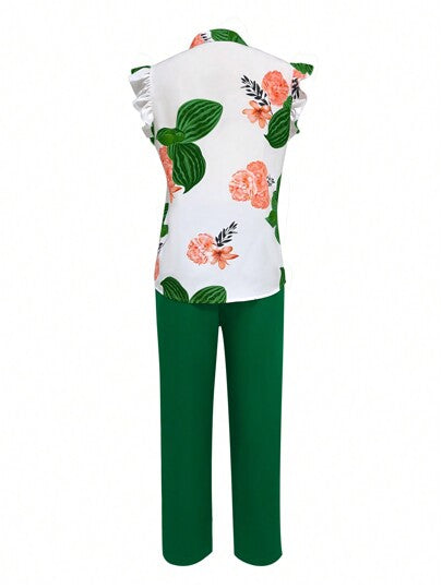 Clasi 2 pièces Ensemble blouse à manches courtes imprimée florale et pantalon couleur unie décontracté pour femmes, été