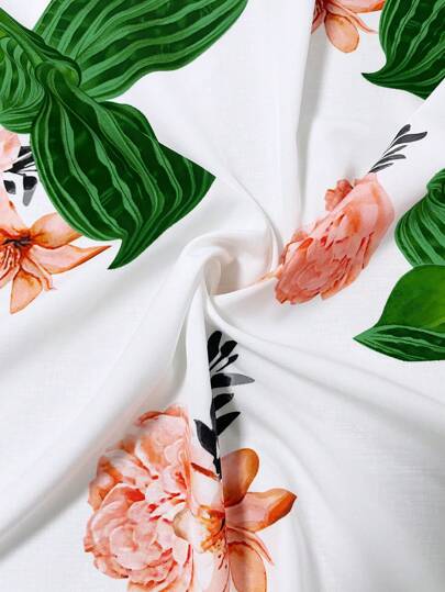 Clasi 2 pièces Ensemble blouse à manches courtes imprimée florale et pantalon couleur unie décontracté pour femmes, été