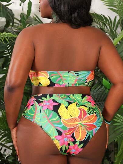 Slaydiva Ensemble de bikini avec un top bandeau imprimé de plantes tropicales et un bas de triangle de grande taille, tenue de plage d'été