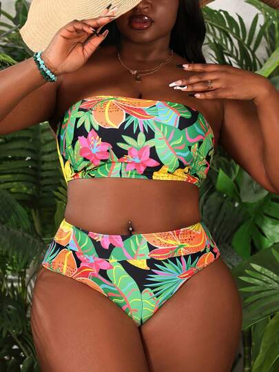 Slaydiva Ensemble de bikini avec un top bandeau imprimé de plantes tropicales et un bas de triangle de grande taille, tenue de plage d'été