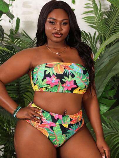 Slaydiva Ensemble de bikini avec un top bandeau imprimé de plantes tropicales et un bas de triangle de grande taille, tenue de plage d'été