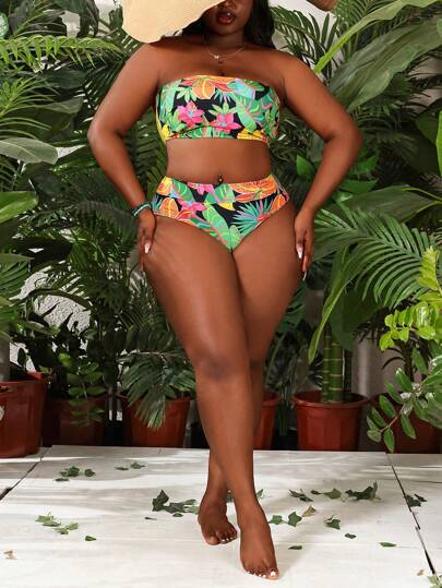 Slaydiva Ensemble de bikini avec un top bandeau imprimé de plantes tropicales et un bas de triangle de grande taille, tenue de plage d'été
