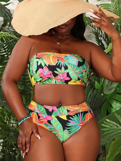 Slaydiva Ensemble de bikini avec un top bandeau imprimé de plantes tropicales et un bas de triangle de grande taille, tenue de plage d'été