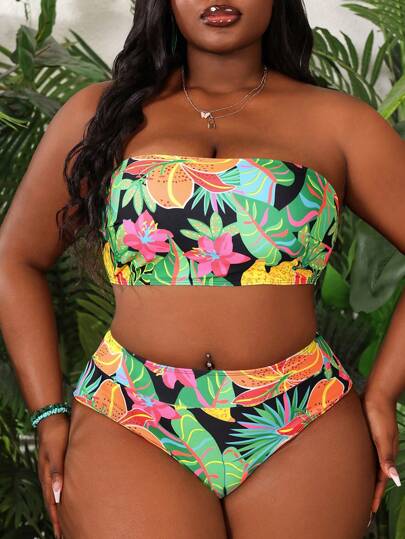 Slaydiva Ensemble de bikini avec un top bandeau imprimé de plantes tropicales et un bas de triangle de grande taille, tenue de plage d'été