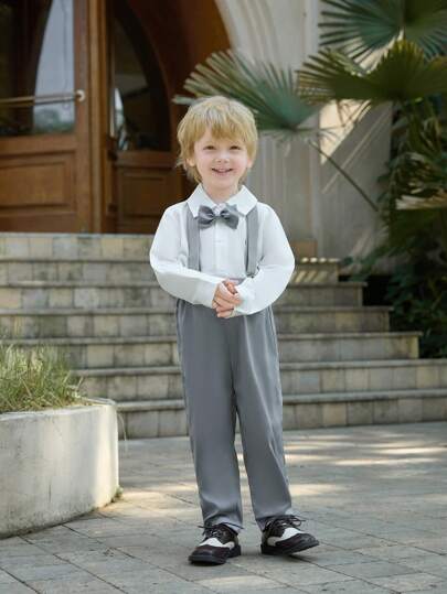 Vêtements de gentlemen pour jeunes hommes, chemise blanche à col carré à manches longues de 2 pièces avec bretelles et pantalon métallique gris, parfaits pour les fêtes d'anniversaire, les spectacles, les mariages, les baptêmes, les premiers anniversaires