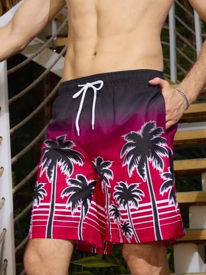 Manfinity KASUA Shorts de plage amples pour hommes avec cordon de serrage et imprimé de palmiers pour les vacances