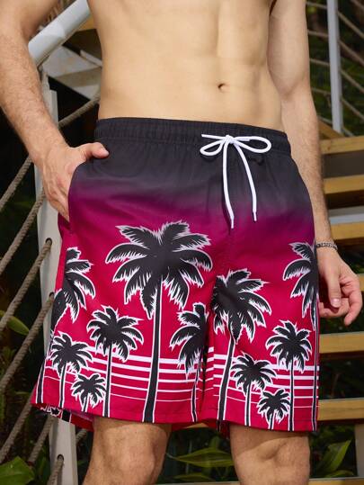 Manfinity KASUA Shorts de plage amples pour hommes avec cordon de serrage et imprimé de palmiers pour les vacances