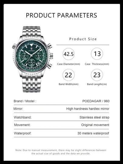POEDAGAR 1 pièce Montre à quartz en acier inoxydable pour hommes d'affaires, chronographe avec date, étanche et lumineuse, montre-bracelet pour homme, convient pour les occasions de travail, cadeau pour hommes