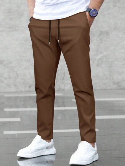Manfinity Homme Pantalon droit à taille cordonnée et poches, couleur unie, pour les déplacements quotidiens, pour l'automne