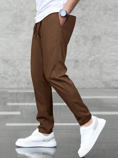 Manfinity Homme Pantalon droit à taille cordonnée et poches, couleur unie, pour les déplacements quotidiens, pour l'automne