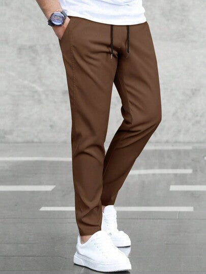 Manfinity Homme Pantalon droit à taille cordonnée et poches, couleur unie, pour les déplacements quotidiens, pour l'automne