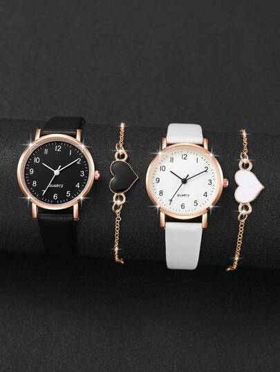 Montre-bracelet à quartz à cadran numérique simple et élégante pour femmes + Bracelet cœur (4 pièces/set) Comme cadeau pour les étudiants retournant à l'école Saint-Valentin
