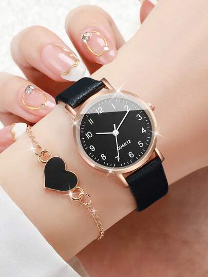 Montre-bracelet à quartz à cadran numérique simple et élégante pour femmes + Bracelet cœur (4 pièces/set) Comme cadeau pour les étudiants retournant à l'école Saint-Valentin