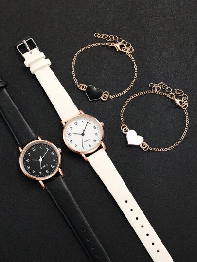 Montre-bracelet à quartz à cadran numérique simple et élégante pour femmes + Bracelet cœur (4 pièces/set) Comme cadeau pour les étudiants retournant à l'école Saint-Valentin