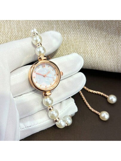 1 pièce Montre quartz élégante avec boîtier en alliage doré rose, cadran texturé nacre, perles blanches sur le bracelet à cordon pour femmes, un cadeau idéal pour les étudiants retournant à l'école ou la décoration de fête