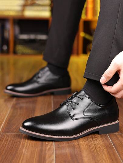 Chaussures Derby habillées minimalistes en PU de couleur unie pour hommes, chaussures basses à lacets noirs à bout pointu pour le bureau, le mariage, les trajets